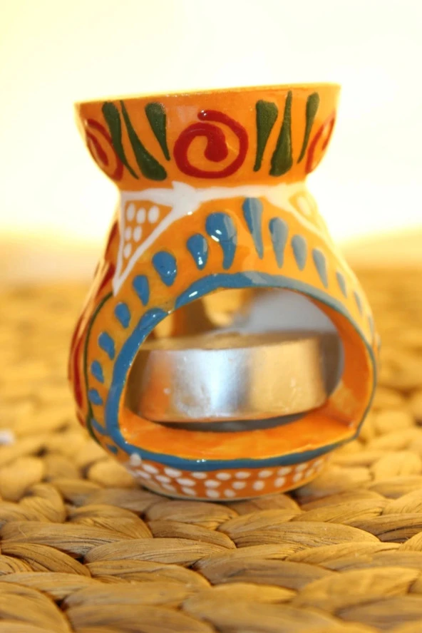 Buhardanlık Seramik El İşi Çini Motifli Buhurdanlık Mini Oranj Siyah - Resim 6