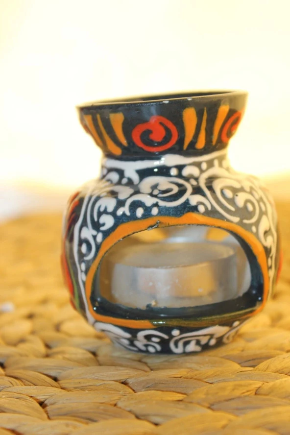 Buhardanlık Seramik El İşi Çini Motifli Buhurdanlık Mini Sarı Mavi - 3