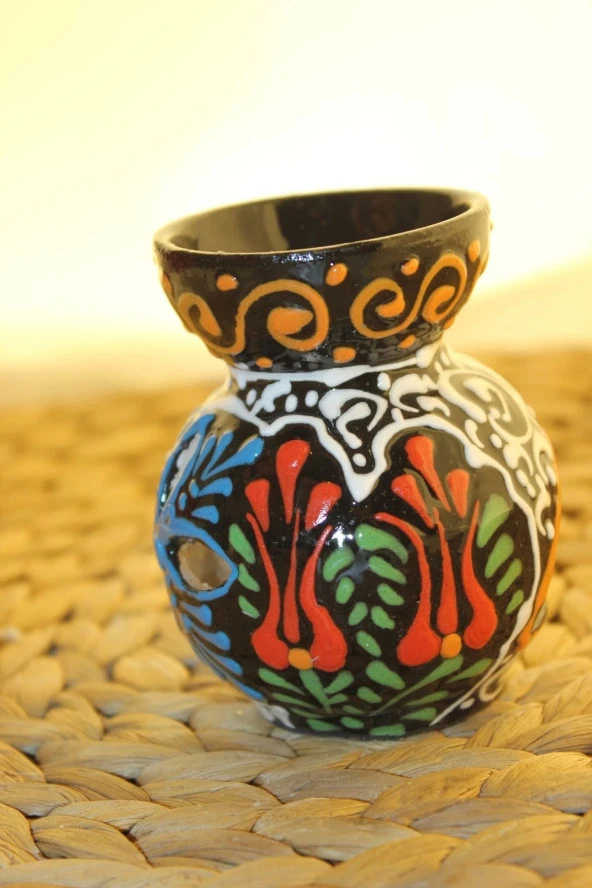 Buhardanlık Seramik El İşi Çini Motifli Buhurdanlık Mini Siyah Mavi - 4