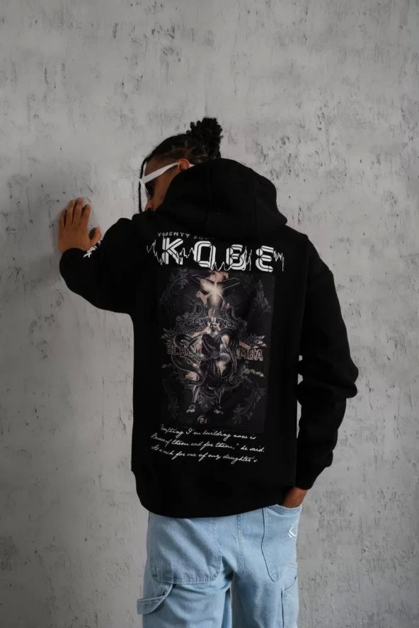 Erkek Baskılı Kapüşonlu Sweat - Siyah - Resim 2