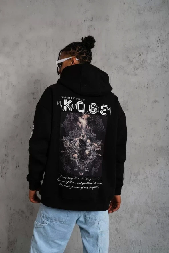 Erkek Baskılı Kapüşonlu Sweat - Siyah - Resim 3
