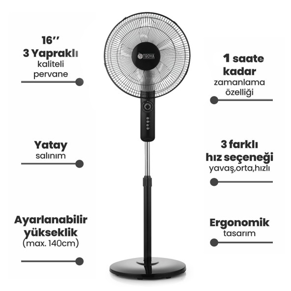Zaman Ayarlı Sessiz Vantilatör 5 Kanatlı Pervane Serinletici Devrilmez Ayaklı 16'' 65W - 3