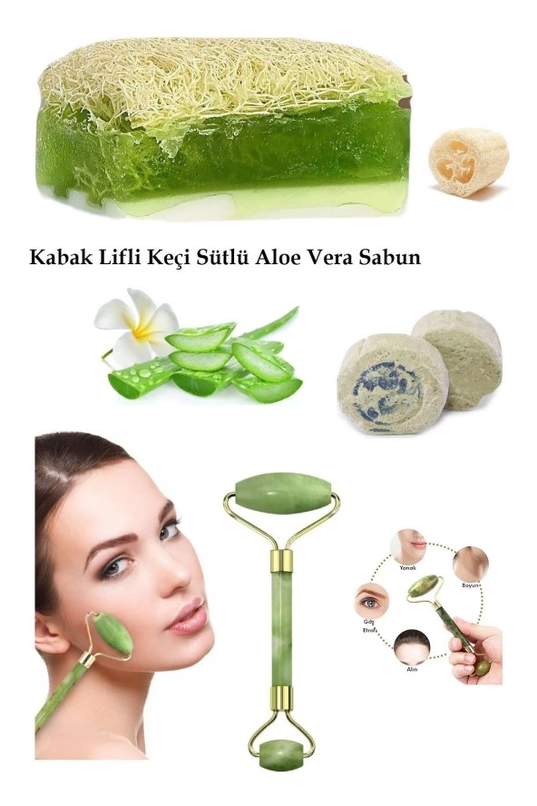 3lü Set Doğal Kabak Lifli Keçi Sütlü Aloe Vera Sabun Doğal Peeling Ruşur Taşı Yüz Masaj Aleti