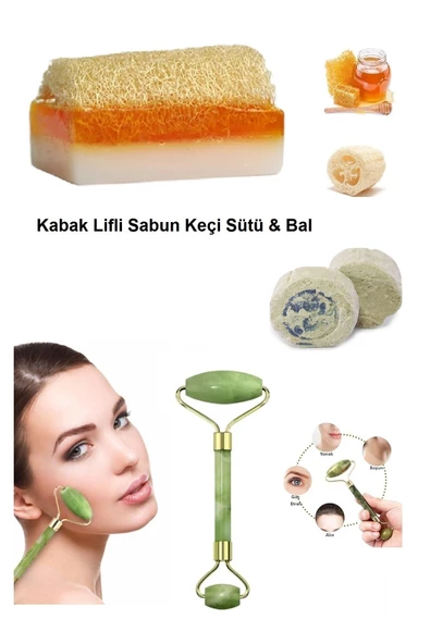 3'lü Doğal Set Kabak Lifli Keçi Sütlü Ballı Sabun Peeling Sivilce Leke Ruşur Taşı Yüz Masaj Aleti