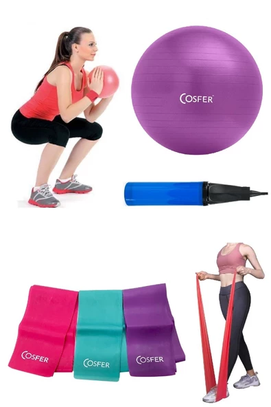 3lü Set 20 cm Mor Mini Jimnastik Egzersiz Denge Pilates Topu 3'lü Pilates Bandı Seti Büyük Boy Pompa