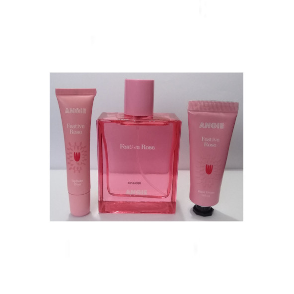 ANGİE Festive Rose Kadın Parfüm, Nemlendirici El Kremi, Dudak Bakım Kremi Set