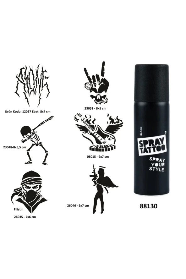 Rock ve Müzik Sembolleri Spray Tattoo Geçici Dövme Yapma Seti Dark Siyah