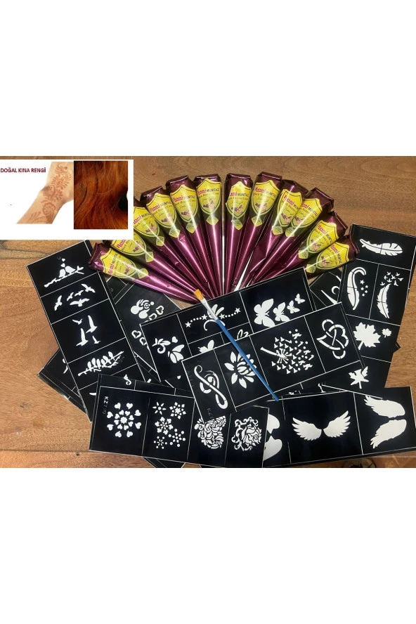 Doğal Kına Rengi Jumbo boy 50 Gram 12 Koni Kına ve 12 Sayfa Şablon Hediyeli Set ürün görseli 1