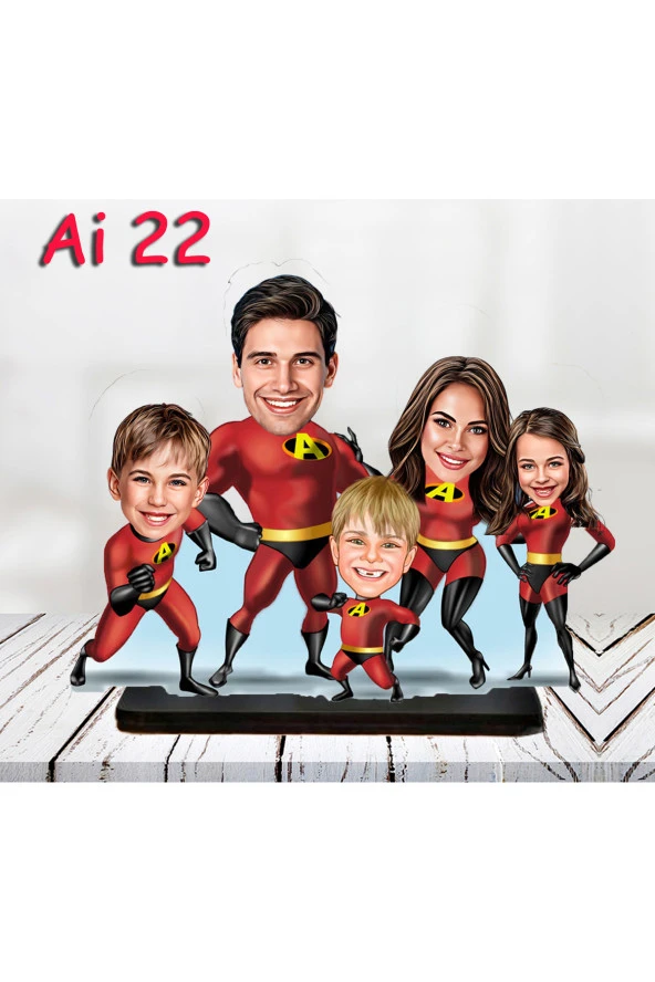 Kişiye Özel Ahşap Biblo - Aile Karikatür Biblo - 5 Kişilik Aile Biblo 5