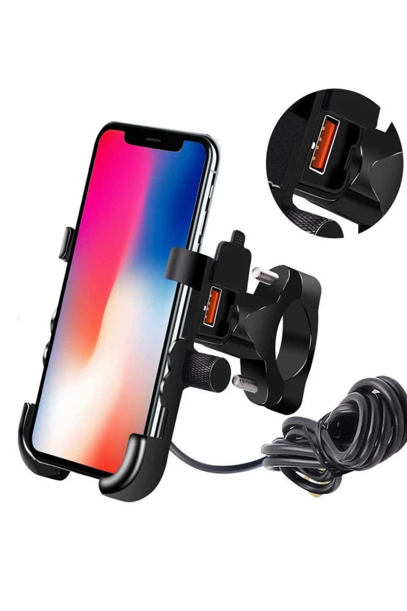 Powertec Motosiklet Telefon Tutucu Usb Şarjlı Alüminyum Alaşım Gidon Ve Ayna Bağlantılı