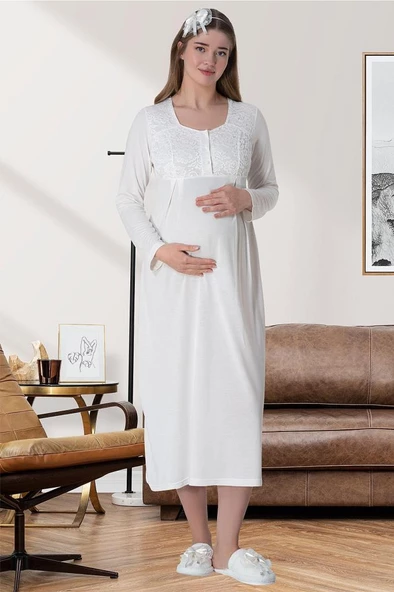 Mecit 6060 Bayan Ekru Sabahlık Gecelik Pijama Hamile Lohusa Set - 5