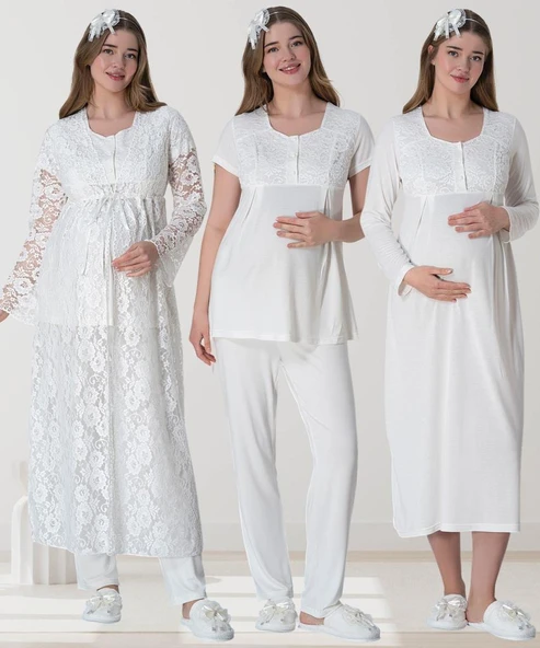 Mecit 6060 Bayan Ekru Sabahlık Gecelik Pijama Hamile Lohusa Set
