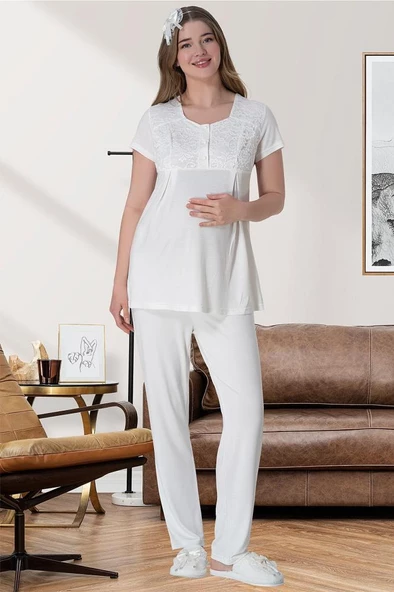 Mecit 6060 Bayan Ekru Sabahlık Gecelik Pijama Hamile Lohusa Set - 4
