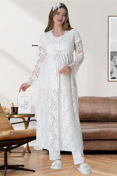 Mecit 6060 Bayan Ekru Sabahlık Gecelik Pijama Hamile Lohusa Set - 3