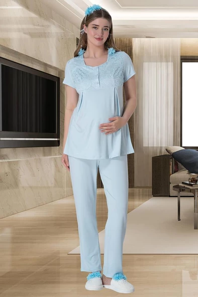 Mecit 6060 Bayan Mavi Sabahlık Gecelik Pijama Hamile Lohusa Set - Resim 4