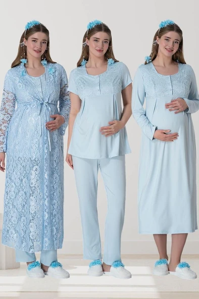 Mecit 6060 Bayan Mavi Sabahlık Gecelik Pijama Hamile Lohusa Set - Resim 6