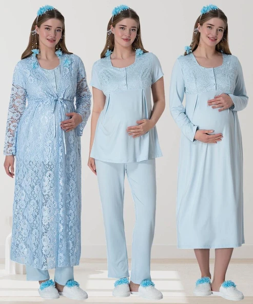 Mecit 6060 Bayan Mavi Sabahlık Gecelik Pijama Hamile Lohusa Set