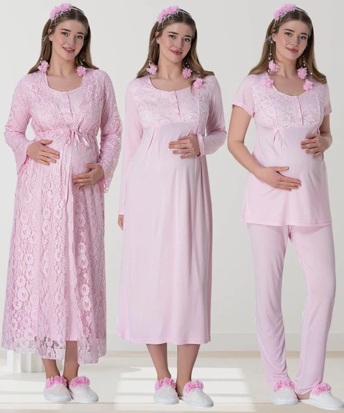 Mecit 6060 Bayan Pembe Sabahlık Gecelik Pijama Hamile Lohusa Set