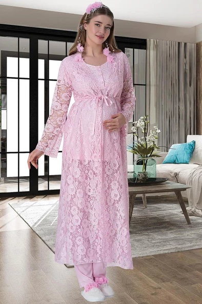 Mecit 6060 Bayan Pembe Sabahlık Gecelik Pijama Hamile Lohusa Set - 3