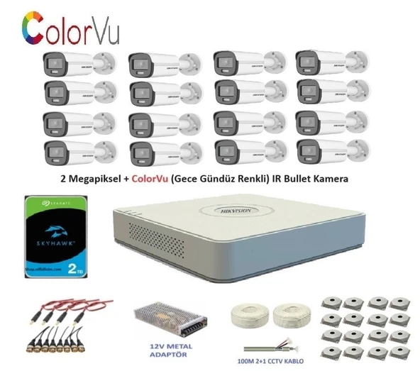 Hikvision 2mp 16 kameralı Dış ortam AHD HD-TVI ColorVu Gece Renkli Kamera Seti 2TB Disk ürün görseli 1