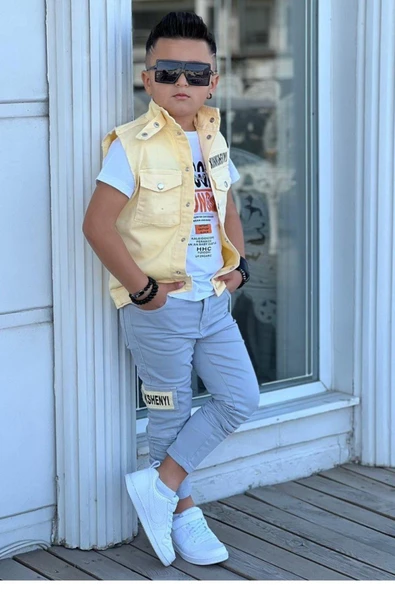Erkek Çocuk Yazı Baskılı ve Çıtçıtlı Sarı ALt Üst Takım - Resim 2