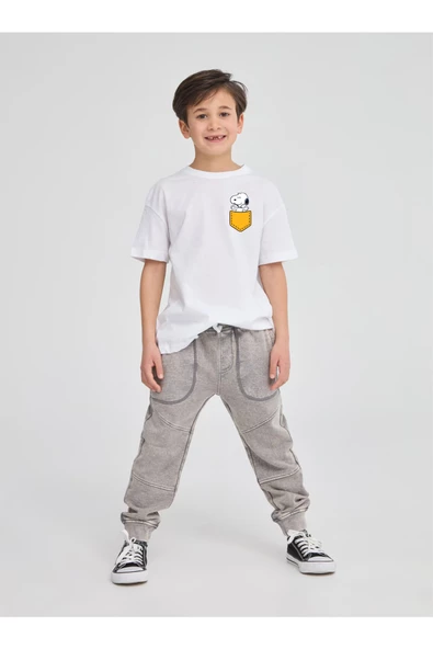 Sarı Snoopy Cep Baskılı Çocuk Beyaz T-Shirt  (Pamuk & Unisex)