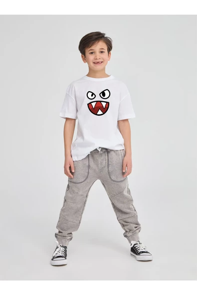 Kızgın Surat Baskılı Çocuk Beyaz T-Shirt  (Pamuk & Unisex)