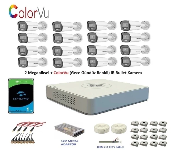 Hikvision 2mp 16 kameralı Dış ortam AHD HD-TVI ColorVu Gece Renkli Kamera Seti 1TB Disk