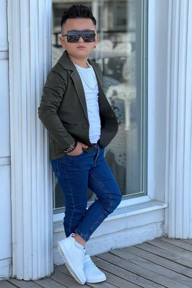 Erkek Çocuk Armalı Blazer Ceket ve Uzun Kollu Düğmeli Tişört Haki Alt Üst Takım - Resim 4