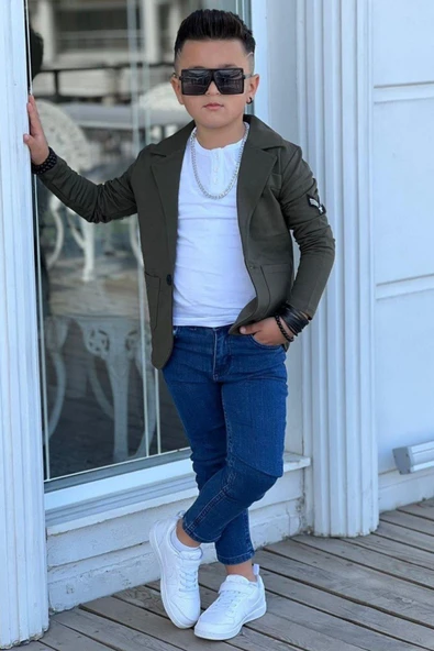 Erkek Çocuk Armalı Blazer Ceket ve Uzun Kollu Düğmeli Tişört Haki Alt Üst Takım - Resim 3