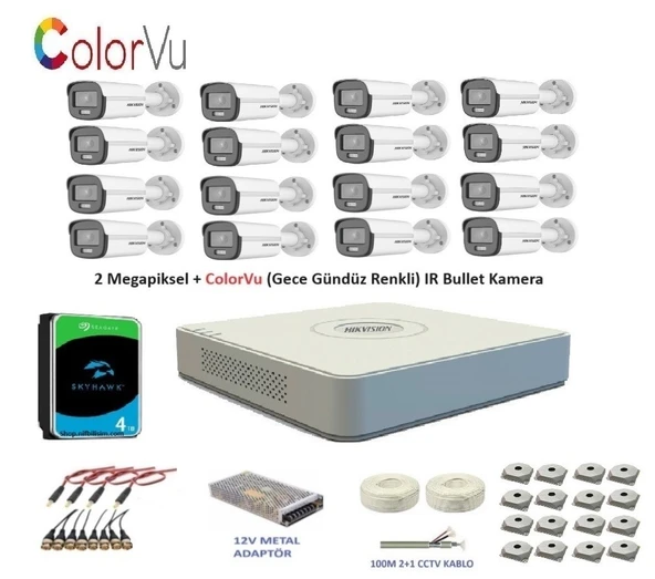 Hikvision 2mp 16 kameralı Dış ortam AHD HD-TVI ColorVu Gece Renkli Kamera Seti 4TB Disk ürün görseli 1