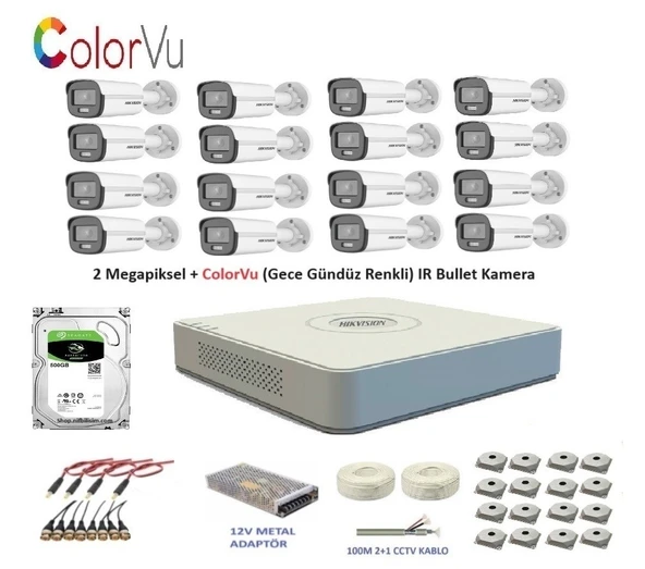 Hikvision 2mp 16 kameralı Dış ortam AHD HD-TVI ColorVu Gece Renkli Kamera Seti 500GB Disk