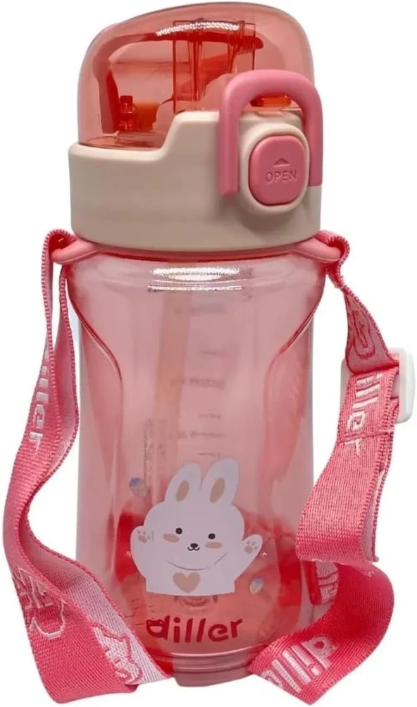 Diller 550ml Pipetli Askılı Hayvan Desenli Tritan Su Matarası (Pembe)