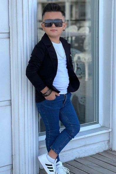 Erkek Çocuk Armalı Blazer Ceket ve Uzun Kollu Düğmeli Tişört Siyah Alt Üst Takım - Resim 3