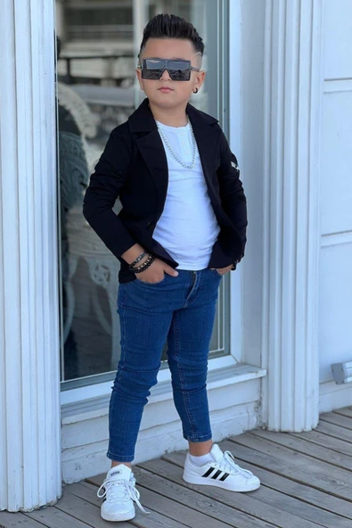 Erkek Çocuk Armalı Blazer Ceket ve Uzun Kollu Düğmeli Tişört Siyah Alt Üst Takım - Resim 2