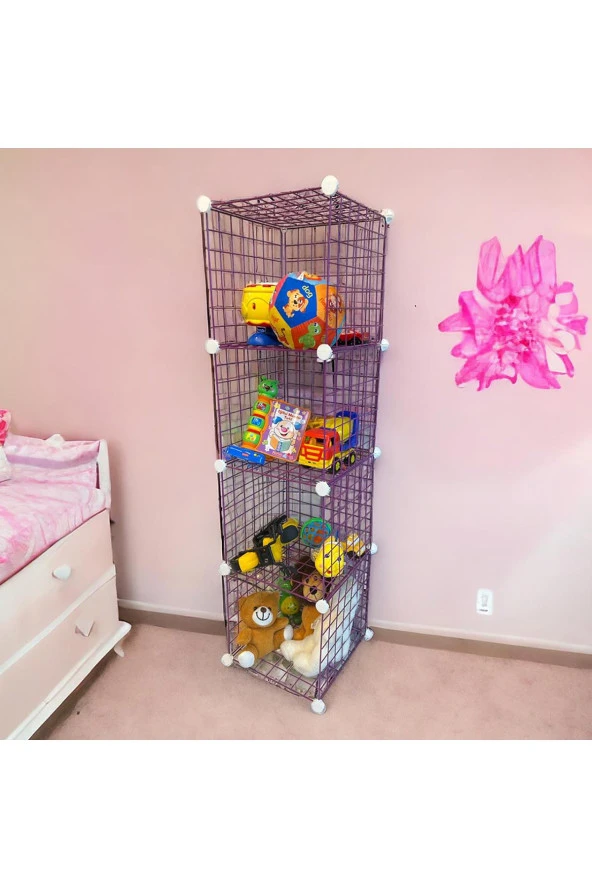 4 Bölmeli Tel Küp Çok Amaçlı Organizer Raf Pembe 33cm Mutfak, Oyuncak, Kiler, Depolama Rafı - 3