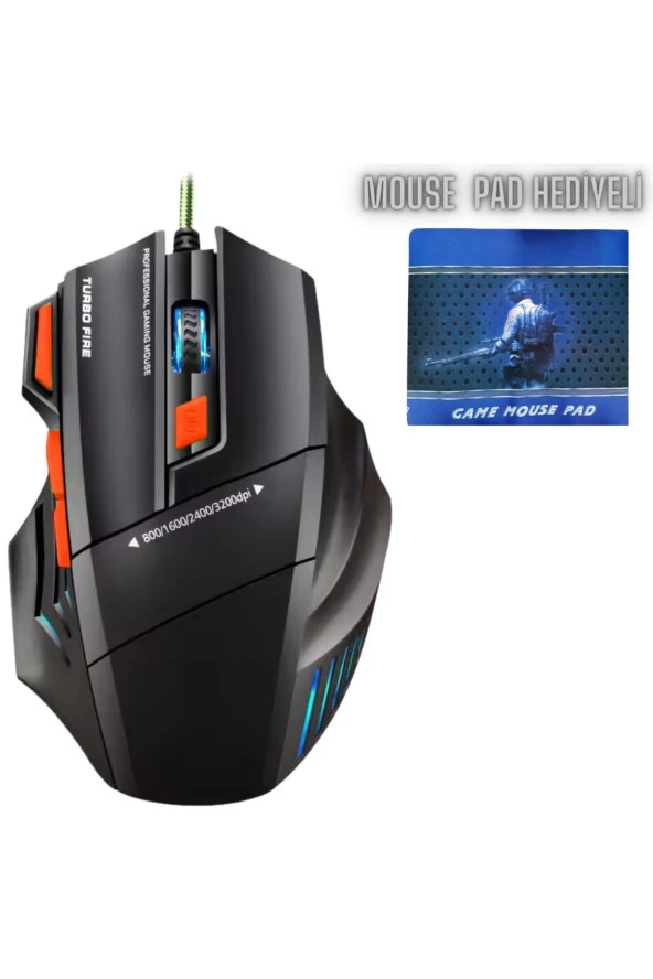 Profesyonel Işıklı RGB Gamer Oyuncu Mouse 3600 Ayarlanabilir DPİ Macro 7D + GAME MOUSE PAD HEDİYELİ