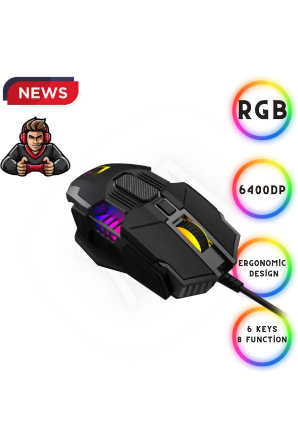 Gaming Oyuncu RGB FPS Yüksek Hassasiyetli 6400DP Ayarlanabilir Kablolu Mouse