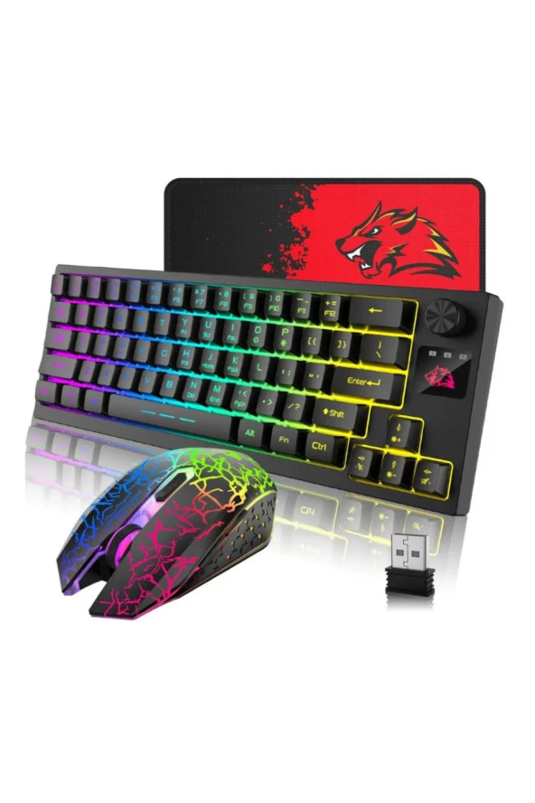 T50 Kablosuz Işıklı Klavye Mouse Rainbow Aydınlatmalı Mekanik Hisli Mousepad Hediyeli