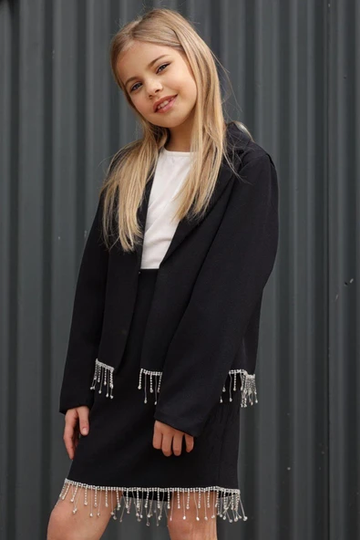 Kız Çocuk Dökümlü Kristal Taş Detaylı Siyah Etekli Takım - 3