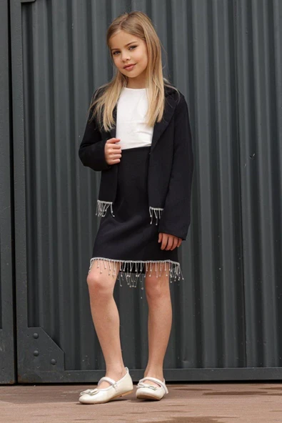 Kız Çocuk Dökümlü Kristal Taş Detaylı Siyah Etekli Takım ürün görseli