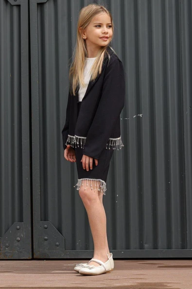 Kız Çocuk Dökümlü Kristal Taş Detaylı Siyah Etekli Takım - Resim 5