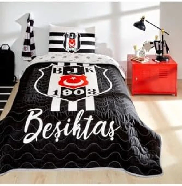 Taç Lisanslı Beşiktaş Stripe Tek Kişilik Yatak Örtüsü Seti