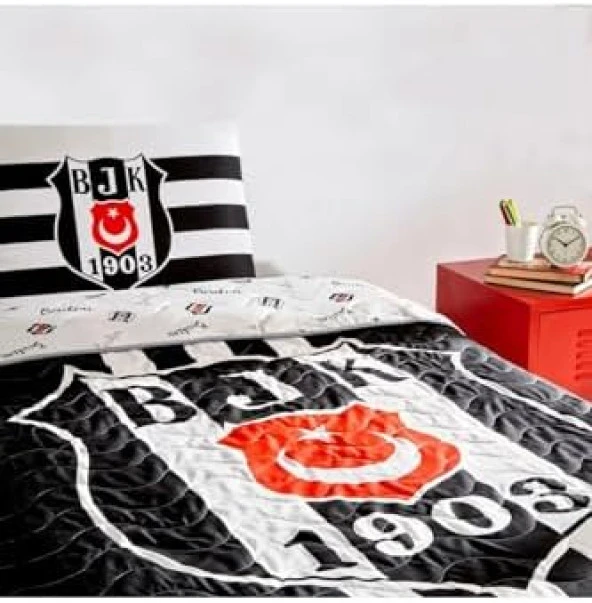 Taç Lisanslı Beşiktaş Stripe Tek Kişilik Yatak Örtüsü Seti - 2
