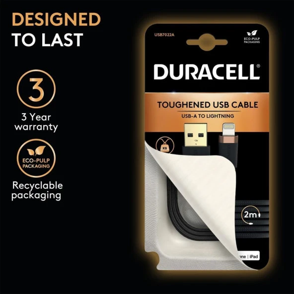 Duracell 2m Lightning to USB-A Örgülü Şarj Kablosu - Siyah - 5