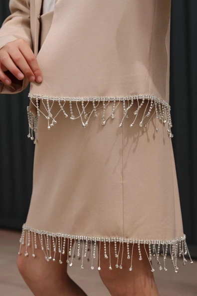 Kız Çocuk Dökümlü Kristal Taş Detaylı Krem Etekli Takım - Resim 7