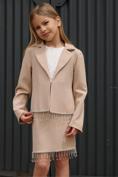 Kız Çocuk Dökümlü Kristal Taş Detaylı Krem Etekli Takım - Resim 8