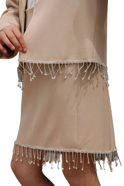 Kız Çocuk Dökümlü Kristal Taş Detaylı Krem Etekli Takım - Resim 4