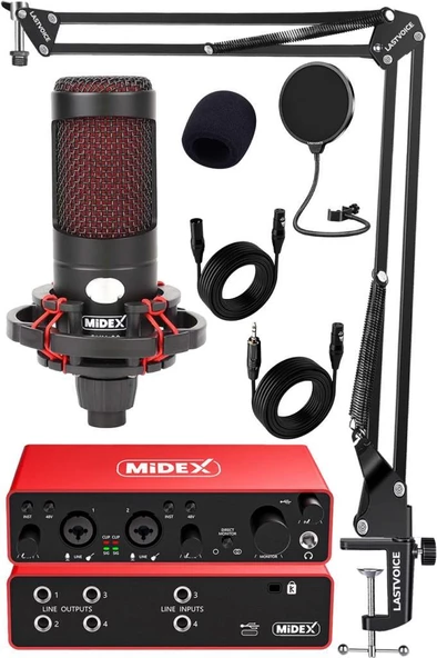 Midex CXN-30 Paket-4 Stüdyo Ses Kartlı Condenser Mikrofon Stand Seti