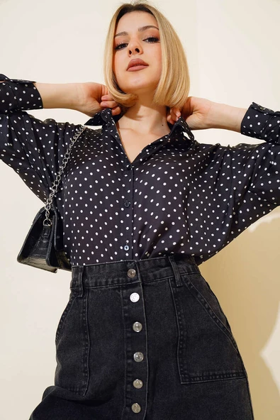 Nokta Desenli Gömlek Siyah ürün görseli 1